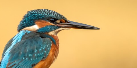 Close up of a common kingfisher with iridescent blue and orange feathers and sharp beak against soft yellow background