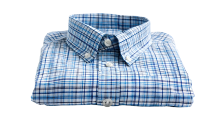 A classic blue plaid cotton shirt with a checkered pattern and long sleeves is isolated on a white background as a stylish casual men's fashion garment