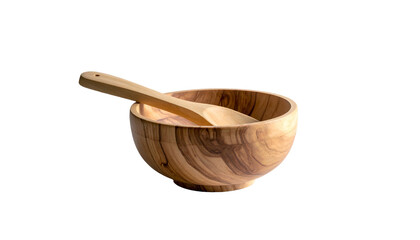 A wooden bowl with a wooden spoon inside, against a black background, with the bowl in focus