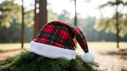 Plaid Santa hat resting on a lush green pine tree branch outdoors Christmas tartan