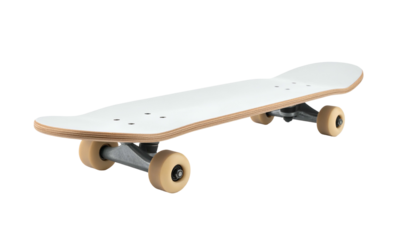 An isolated, top-down perspective of a new skateboard featuring a white deck and neutral-toned wheels and trucks