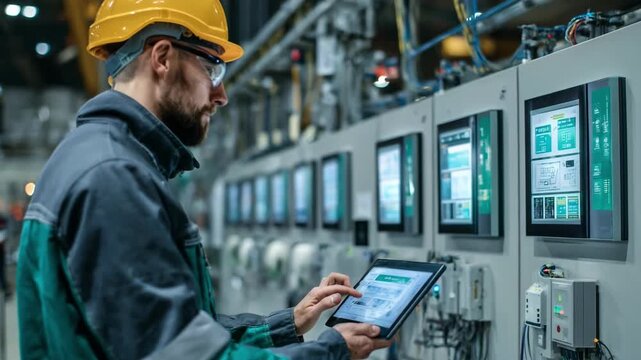 Medium shot of a technician monitoring energy meters in a green manufacturing plant focused on reducing power consumption.