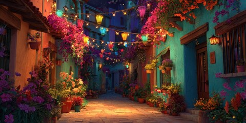 Fototapeta premium A colorful street with a lot of flowers and lanterns hanging from the buildings