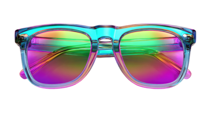 3D rendered fashion eyewear featuring colorful plastic frames and black lenses isolated on a white background as a cool summer accessory for eye protection and vision style