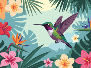 Fototapeta premium Modern vector illustration of close up hummingbird hovering near flower, flat style tropical wildlife portrait, ideal for nature and garden visuals
