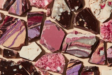 A close up of a variety of chocolate pieces with different colors and shapes