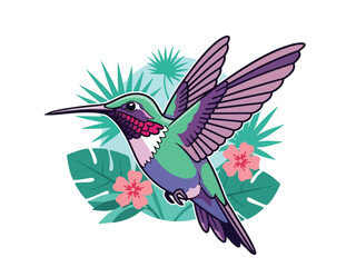 Obraz premium Modern vector illustration of close up hummingbird hovering near flower, flat style tropical wildlife portrait, ideal for nature and garden visuals
