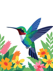 Obraz premium Modern vector illustration of close up hummingbird hovering near flower, flat style tropical wildlife portrait, ideal for nature and garden visuals