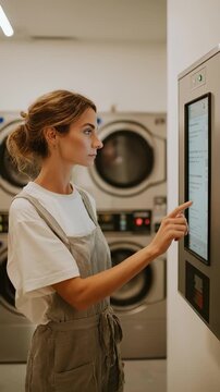 Woman interacting with a digital laundry machine interface, showcasing a focused expression and the modern design of the laundromat environment