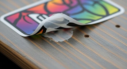 Close-up of colorful sticker peeling off wooden skateboard deck adhesive