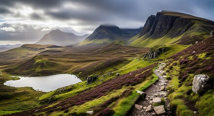 Scenic Highland Landscape with Hiking Trail and Lake.