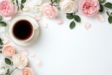 A white cup with a black rim sits on a table with a bouquet of pink flowers