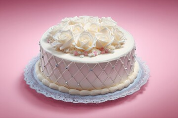 A white cake with a white rose design on top