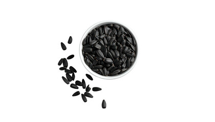 Overhead shot of a white bowl filled with dark, oblong seeds, some scattered around on a stark black background