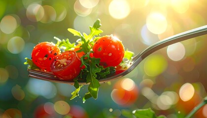 Close-up of a fork holding cherry tomatoes and arugula, bathed in warm sunlight. Blurred, green backdrop