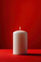 A white candle is lit on a red background