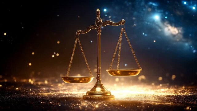 Golden balance scale symbolizing justice and equilibrium against a cosmic background.