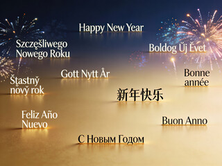Multilingual Happy New Year Background with Elegant Fireworks