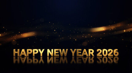 Luxury New Year background with glowing metallic “Happy New Year 2026”