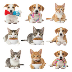 Obraz premium Playful puppies and kittens with toys and food isolated on transparent background