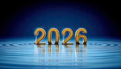 Golden &ldquo;2026&rdquo; numbers emerging from a calm reflective water surface with dripping water, soft ripples, cinematic lighting, deep blue gradient background, and elegant festive atmosphere.