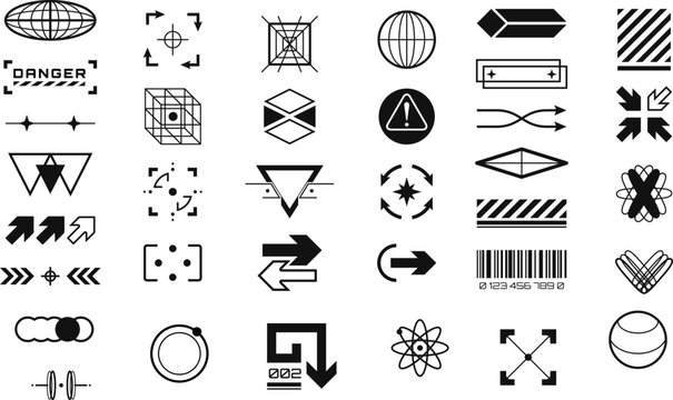 Futuristic UI HUD Icons Vector Set, Cyberpunk Y2K Tech Symbols for Streetwear Graphics, Sci Fi Interfaces and Techwear Design
