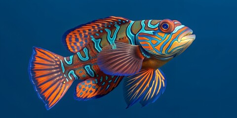 Fototapeta premium Exotic mandarin fish with intricate blue orange and yellow patterns swimming in deep blue water