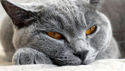 Close-up of a relaxed, gray feline with vibrant amber eyes. The cat is lying down, resting its head. The fur is soft, fluffy