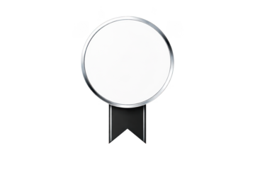 Silver circular award badge, black ribbon tails, front view, minimal glossy medal frame, empty round seal emblem, achievement icon design isolated on transparent background  
