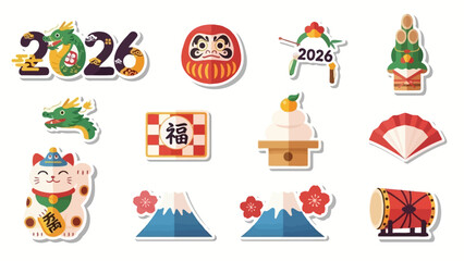 Naklejka premium Collection of Japanese New Year's symbols and decorations for 2026, featuring a dragon, Daruma doll, Maneki-neko, Mount Fuji, and traditional celebratory items.