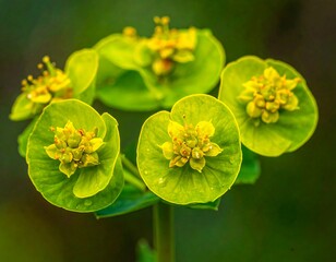 Close-up of a vibrant cluster of chartreuse flowers and round leaves with droplet detail against blurred background