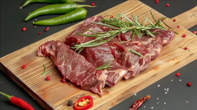 Close-up of a freshly cooked steak on a wooden cutting board, garnished with herbs and spices.