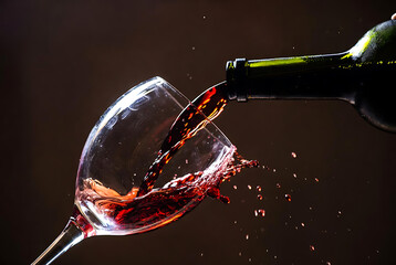 Red Wine Being Poured into Crystal Glass, Dark Background