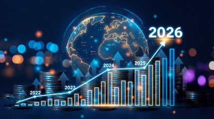 Global Economic Growth Concept with Digital Earth and Rising Financial Chart to 2026