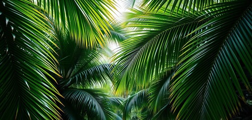 Fototapeta premium Lush green palm fronds create dense jungle canopy, greenery, vegetation