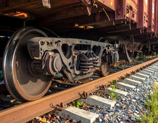 Close-up of a freight train's undercarriage and wheels on a section of rusty train tracks, with vegetation