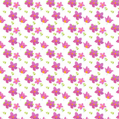A seamless flat illustration shows a repeating pattern of pink and purple flowers with green leaves arranged evenly