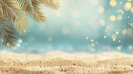 A serene beach scene with palm tree leaves and sparkling lights on the sandy shore