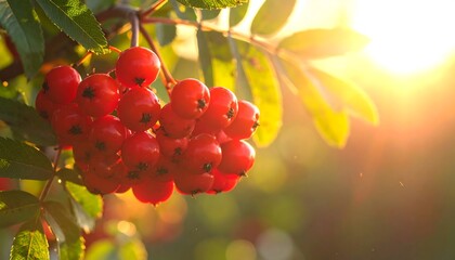 Close-up of a vibrant cluster of red berries on a branch. Sunlight streams through the leaves, creating a warm, natural glow