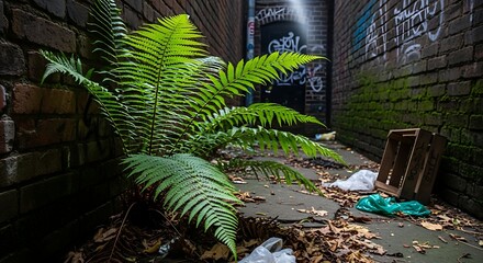 Ferns Thrive in Urban Alleyway Amidst Graffiti and Debris.