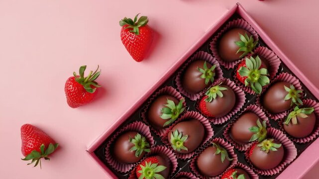 Close-up of a box filled with chocolate candies topped with strawberries.