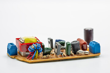 Old electronic component microcircuit closeup.