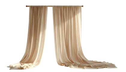 Beige silk curtains draped in soft folds, lit from the side against a black background