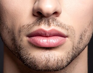 Fototapeta premium Close-up of a man's face, focusing on his lips and nose with a partially visible beard. The skin appears healthy