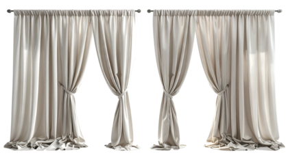 Four creamy, elegant curtains, tied back with knots, against a black backdrop