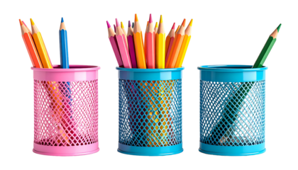 Three colorful mesh pencil holders filled with vibrant pencils, against a stark black background