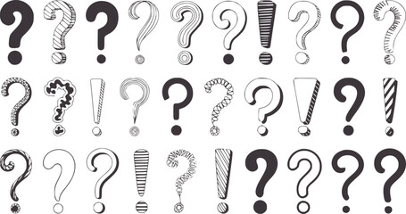 Black and white hand drawn question marks and exclamation marks collection