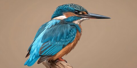 Kingfisher bird with vibrant blue plumage and orange breast perched on wooden branch against neutral brown background for nature