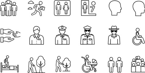 Large set of public service line icons featuring diverse people symbols security personnel restroom signs accessibility icons for disabled individuals and crowd representation