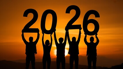 Silhouettes of people holding large numbers representing the year 2026 at sunset